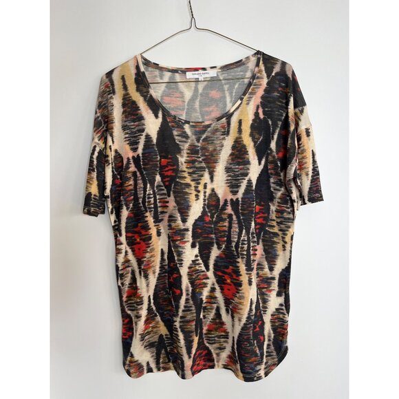Gerard‎ Darel Scoop Neck Short Sleeve Silk Top Blouse Black Orange Semi Sheer 2 - Picture 1 of 9